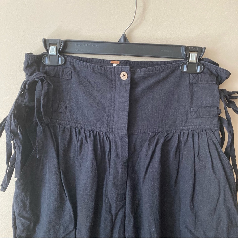 Free People Black Button Fly Waist Tie Straight Cotton Trousers - Picture 3 of 7